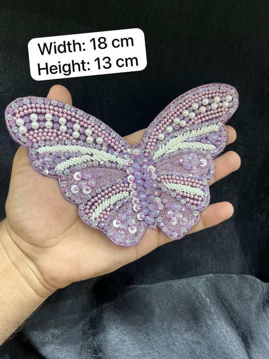 Handcrafted Crystal Butterfly Decorative Patch – Premium Designer Embellished Applique for Dresses & Ethnic Wear | Lavender