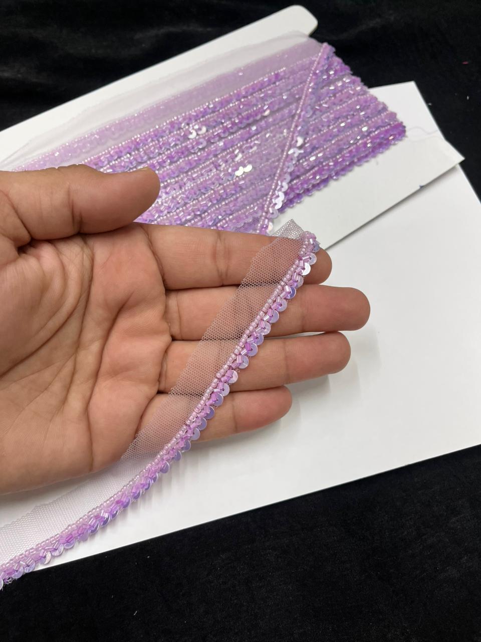 Handmade Sequins Lace Trim for Sarees, Blouses & Dresses – Narrow Handwork Embroidered Lace Border (1 cm) | Lavender