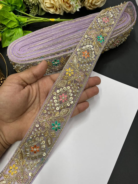 Designer Maggam Work Laces for Sarees – Premium 2 Inch Hand-Embellished Border for Lehengas, Dupattas & Bridal Wear (9 Meter) | Lavender