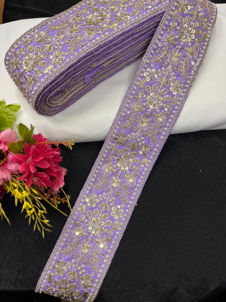 Maggam Work Lace for Sarees & Bridal Wear – Designer Embroidered Lace Border for Lehengas, Blouses & Dupattas (3 Inch) | Lavender