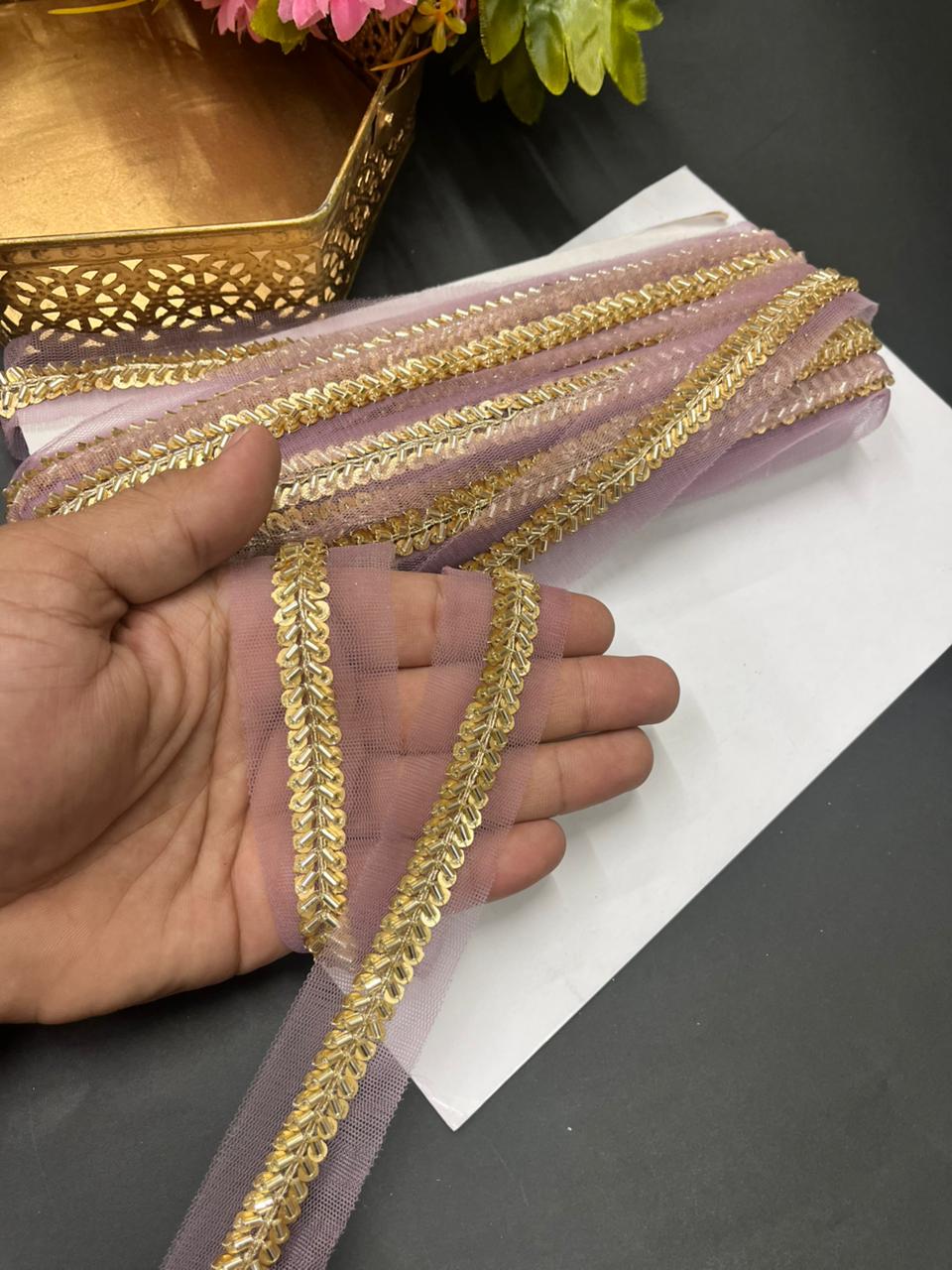 Elegant Pipe & Sequin Work Lace Borders – Designer Maggam Work Trim for Sarees, Lehengas & Dupattas (9 Meter, 0.5 Inch Width) | Lavender
