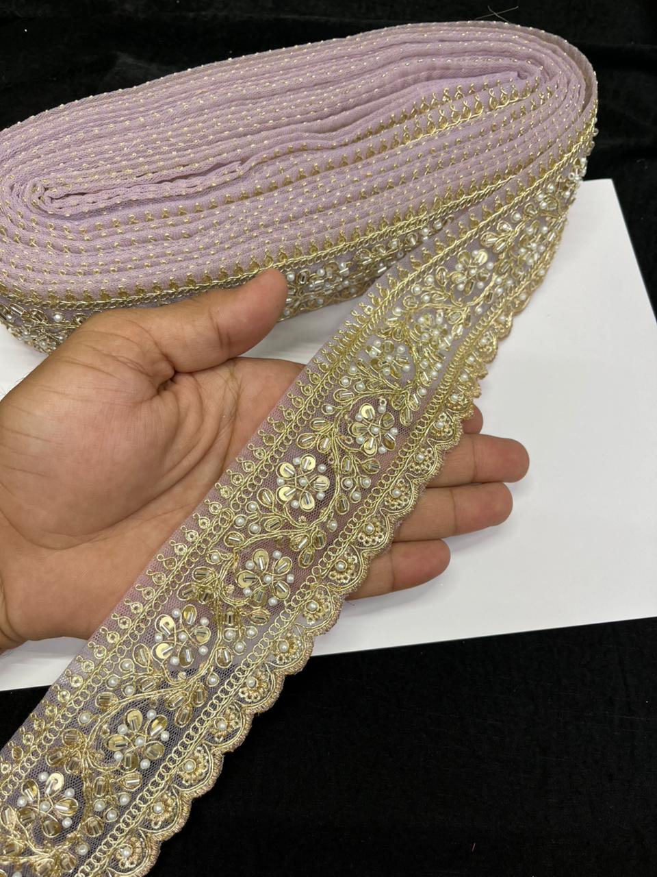 Rich Maggam Work Saree Border Lace for Blouses, Lehengas & Dresses – Designer Handcrafted Embroidered Lace (2.5 Inch) | Lavender