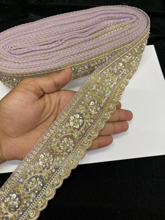 Rich Maggam Work Saree Border Lace for Blouses, Lehengas & Dresses – Designer Handcrafted Embroidered Lace (2.5 Inch) | Lavender