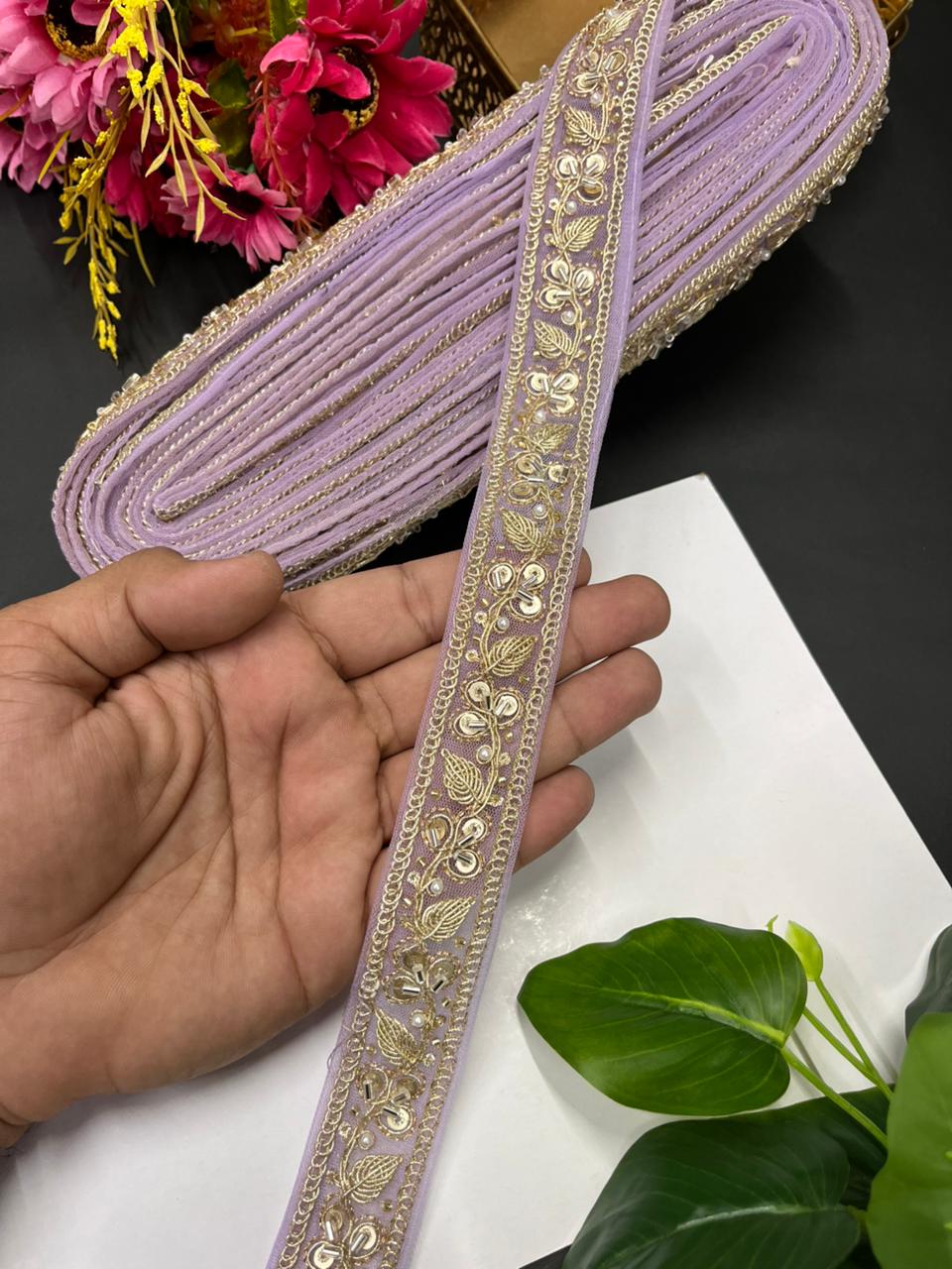 Pearl Zari Embroidered Net Lace – Designer Maggam Work Border for Sarees, Lehengas & Dupattas (9 Meter, 1 Inch Width) | Lavender