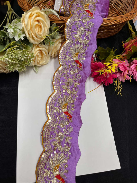 Exclusive Peacock Face Maggam Work Saree Laces – 9 Meters, 3-Inch Embroidered Border for Sarees, Lehengas & Dupattas | Lavender