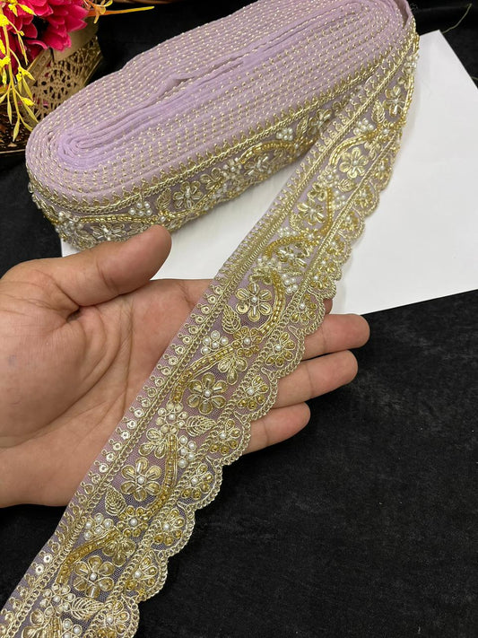 Designer Maggam Work Saree Border on Net Fabric – Handcrafted Embroidered Lace for Sarees, Blouses & Lehengas (2 Inch) | Lavender