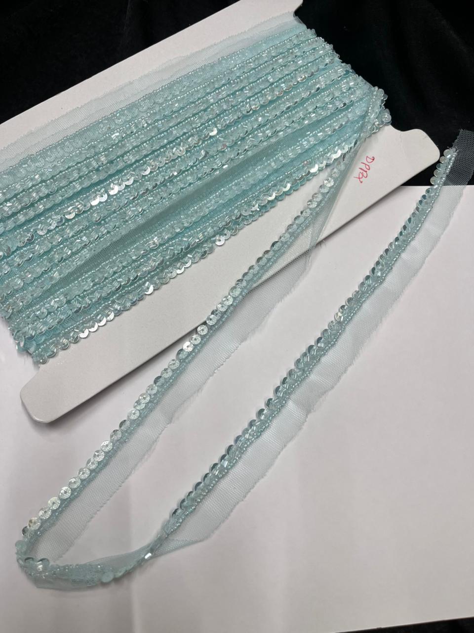 Handmade Sequins Lace Trim for Sarees, Blouses & Dresses – Narrow Handwork Embroidered Lace Border (1 cm) | Light Blue