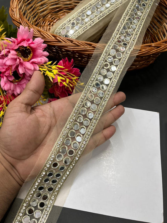 Real Mirror Work Laces & Trims – Designer Mirror Embroidered Borders for Sarees, Lehengas & Dupattas (9 Meter, 1.5 Inch Width) | Light Gold