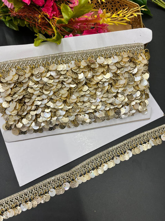 Beautiful Coin Bead Hanging Lace (9 Meter) – Designer Latkan Border for Sarees, Dupattas & Lehengas (1 Inch Width) | Light Gold