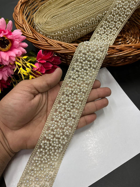 Handcrafted Pearl Borders – Premium Gold Embroidered Lace for Sarees, Lehengas & Dupattas (9 Meter, 2 Inch Width) | Light Gold