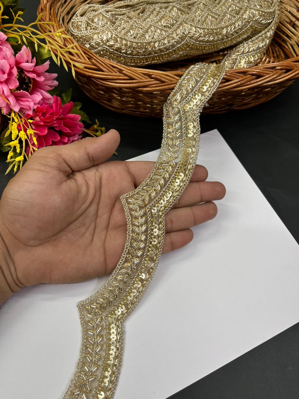 Designer Scalloped Lace Border – Premium 1.5 Inch Gold Embroidered Lace for Sarees, Dupattas, Lehengas & Festive Wear (9 Meter) | Light Gold