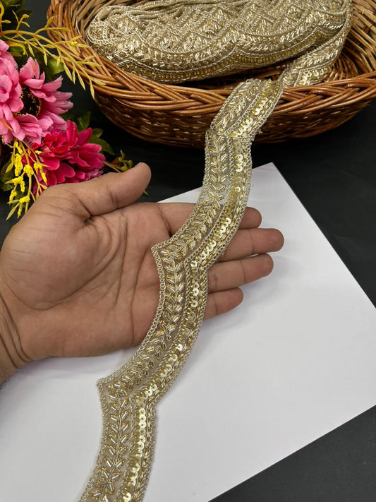 Designer Scalloped Lace Border – Premium 1.5 Inch Gold Embroidered Lace for Sarees, Dupattas, Lehengas & Festive Wear (9 Meter) | Light Gold