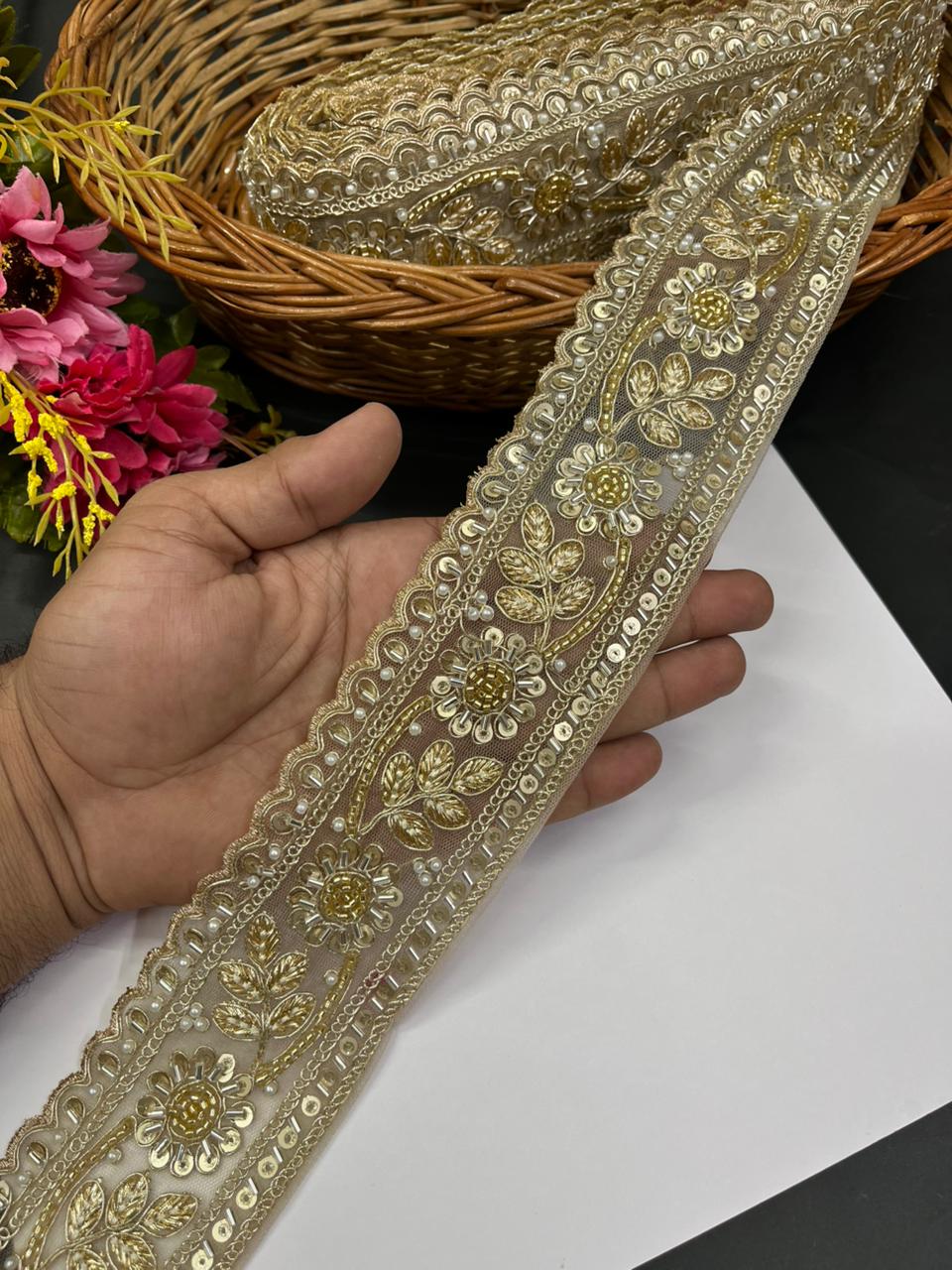 Beaded Embroidered Saree Laces – Premium 2.5 Inch Gold Embellished Lace Border for Lehengas, Dupattas & Designer Wear (9 Meter) | Light Gold