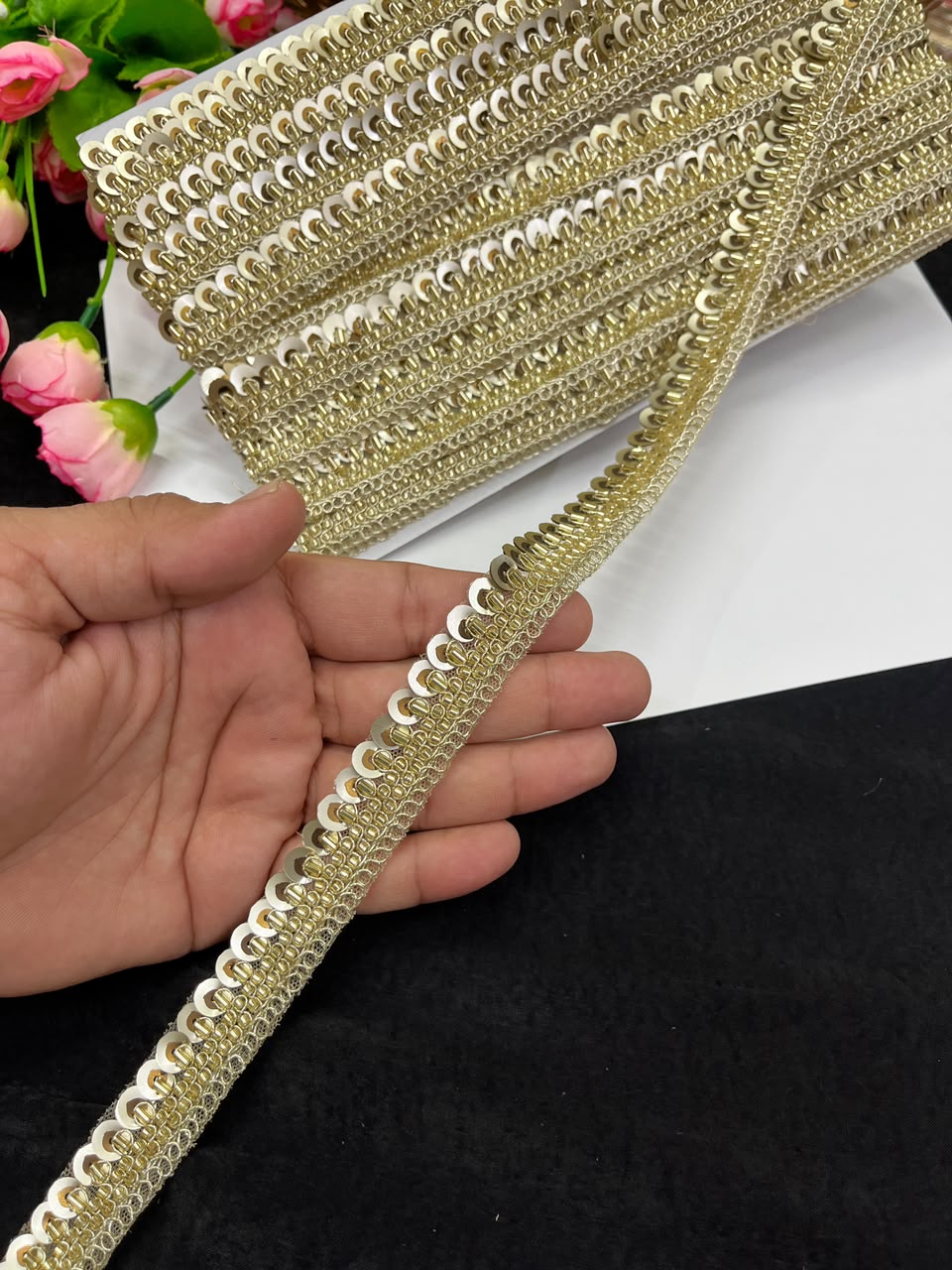 Sequence Embroidered Lace for Garments, Sarees, Lehengas & Dupattas – Designer Gold Embroidery Lace Border (Half Inch) | DC1035 | Light Gold