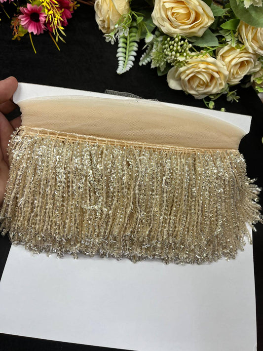 Sequence Fringe Lace | Western Imported Lace | Tassels Lace – Premium Designer Border Trim for Sarees, Lehengas & Gowns (9 Meter, 4 Inch Width) | Light Gold