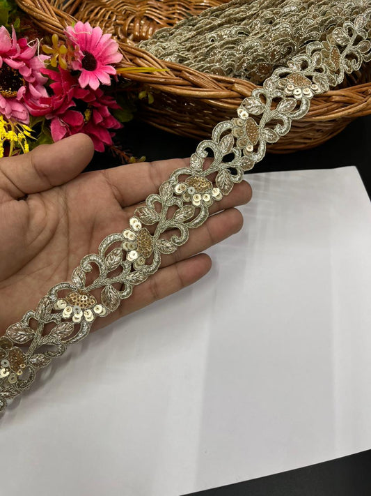 Beautiful Cutwork Zari Lace with Sequins (Light Gold) – Premium Gold Embroidered Lace | Light Gold