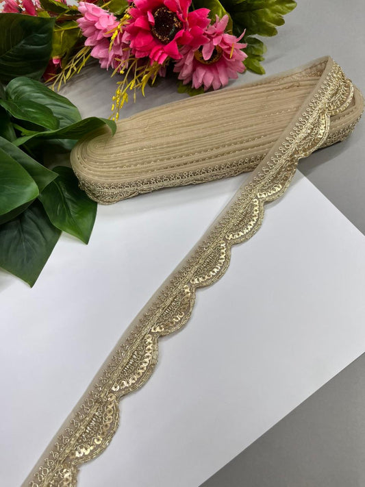 Beautiful Embroidered Zari Sequins Lace Trim – Premium 1 Inch Gold Embroidered Decorative Border for Sarees & Ethnic Wear (9 Meter) | Light Gold