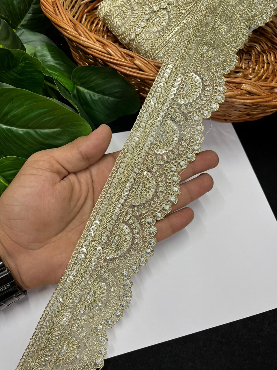 Elegant Scalloped Embroidery Zari Lace for Sarees – Premium Gold Embroidered Designer Lace | Light Gold