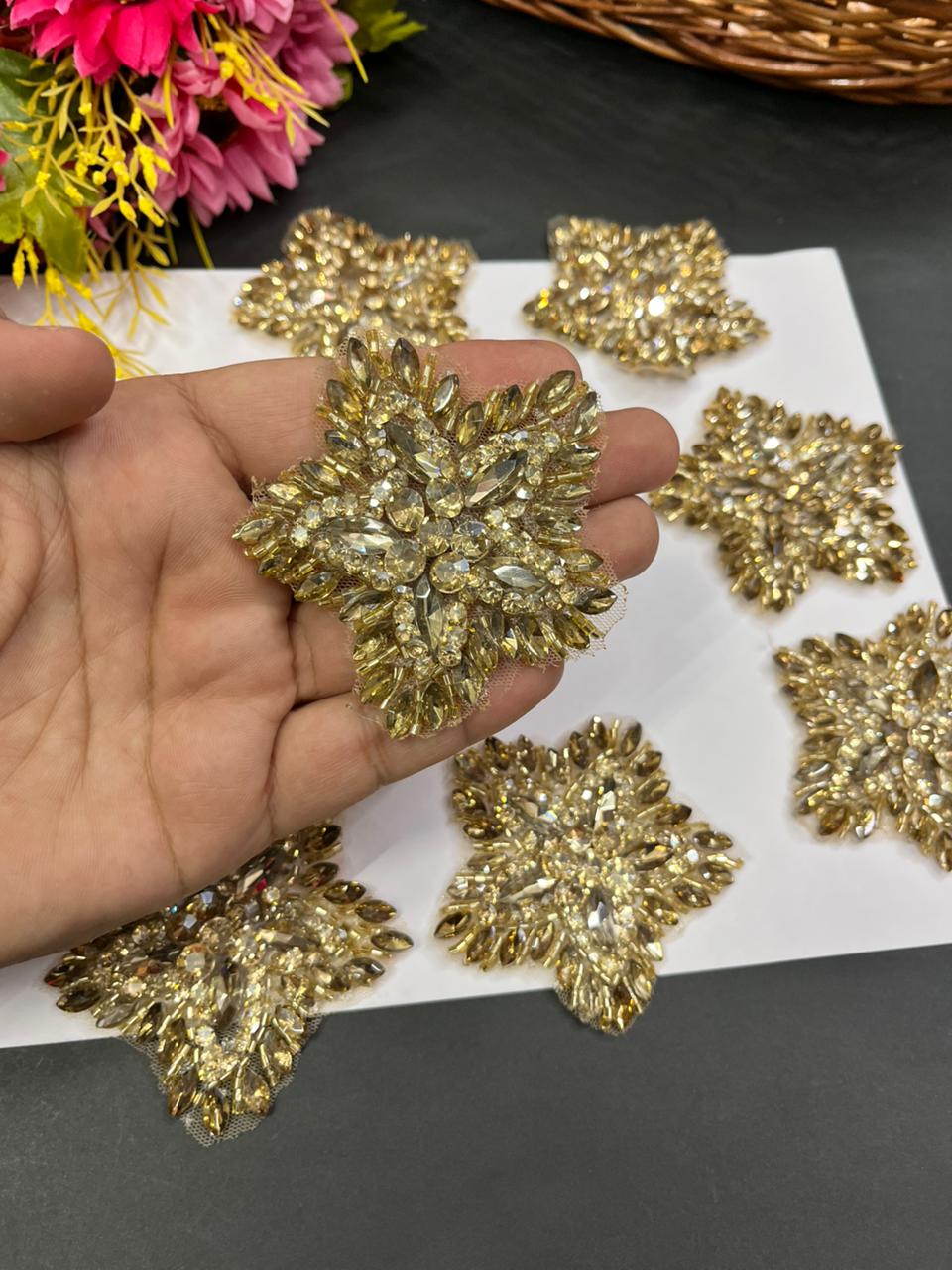 Handmade Rhinestone Patch – Premium Designer Patch for Ethnic & Fusion Wear | Light Gold