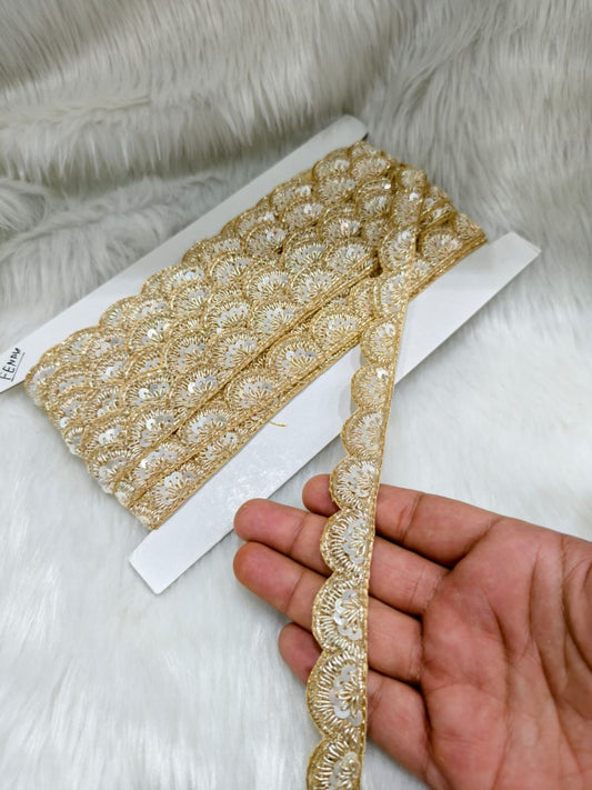 Jardoshi Handwork Saree Laces with Scallop Design – Designer Embroidered Lace Border (9 Meter Roll) | Light Gold