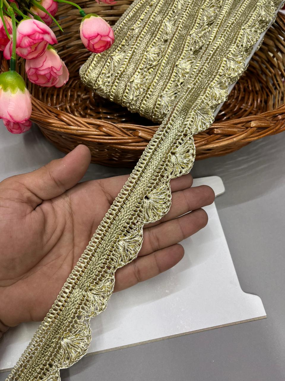 Gota Pankha Lace – Premium Gold Embroidered Border for Sarees, Lehengas & Dupattas (9 Meter, 1.5 Inch Width) | Light Gold