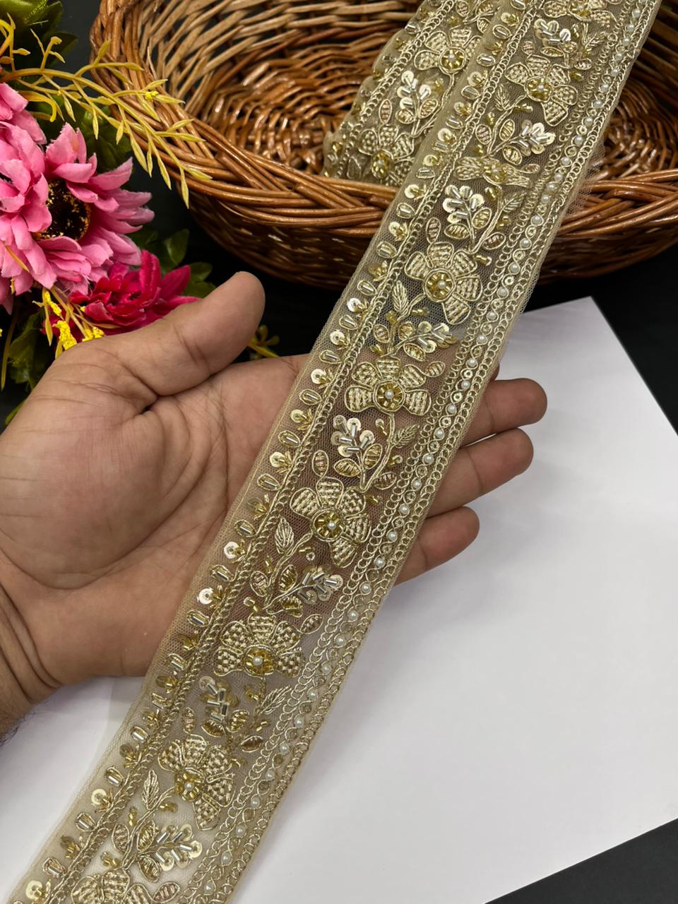 Luxurious Cutdana Work Saree Lace – Premium 2.5 Inch Gold Embroidered Designer Border for Lehengas, Dupattas & Bridal Wear (9 Meter) | Light Gold