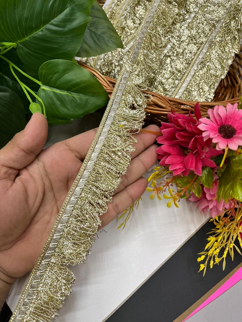 Fringe Lace / Kiran Lace Border for Dupatta – Lightweight Designer Latkan Lace for Sarees, Lehengas & Ethnic Wear (9 Meter, 1 Inch Width) | Light Gold