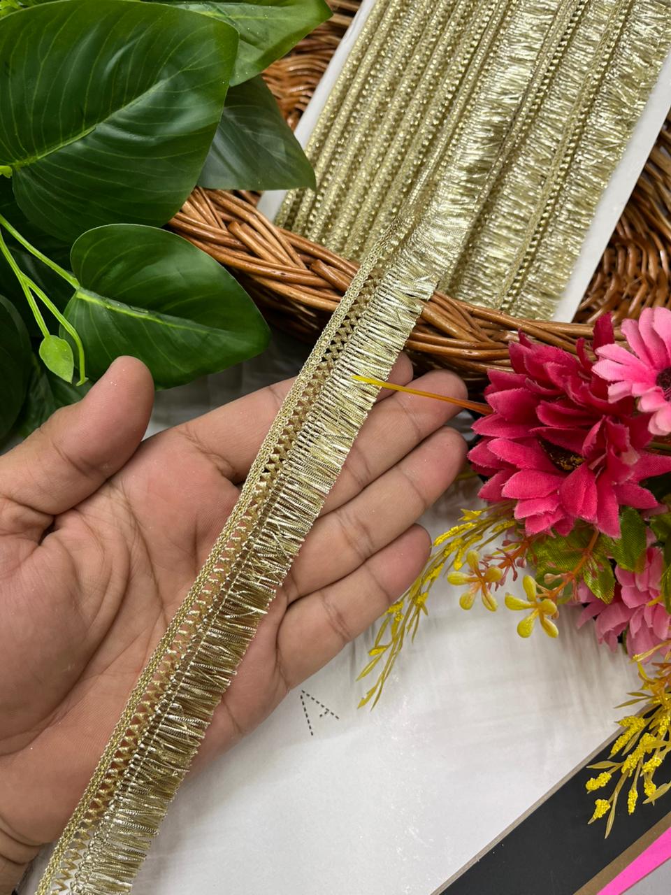Fringe Lace / Kiran Lace Border for Dupatta – Lightweight Designer Latkan Lace for Sarees, Lehengas & Ethnic Wear (9 Meter, 1 Inch Width) | Light Gold
