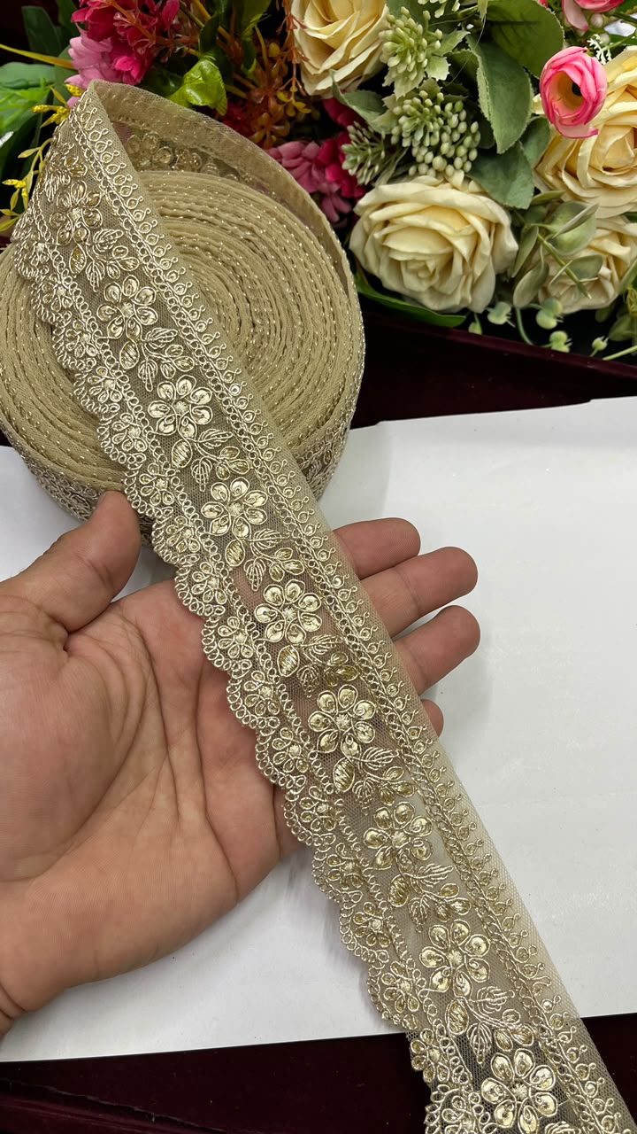 Golden Sequin Work Embroidered Saree Lace for Sarees, Lehengas, Dupattas & Blouses – Designer Gold Embroidery Lace Border (2 Inch) | DC1073 | Light Gold