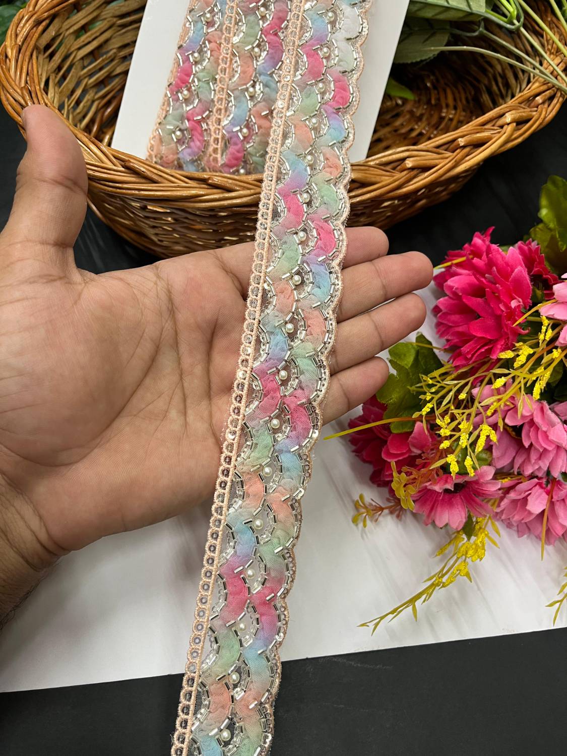 Beautiful Imported Lace with Delicate Pipe Work – 9 Meter | Light Multi