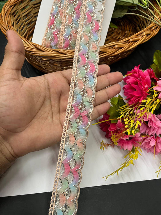 Beautiful Imported Lace with Delicate Pipe Work – 9 Meter | Light Multi