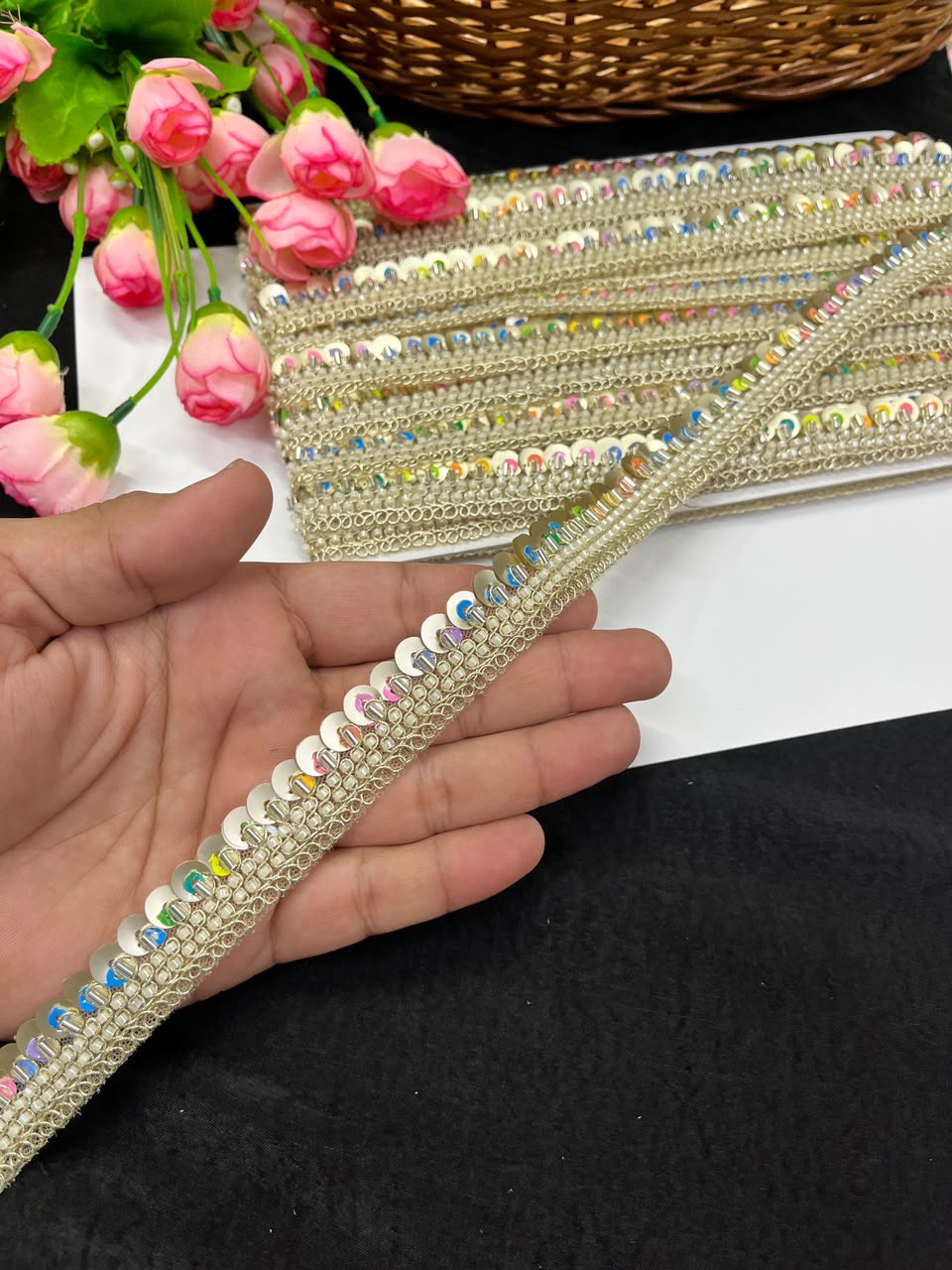 Sequence Embroidered Lace for Garments, Sarees, Lehengas & Dupattas – Designer Gold Embroidery Lace Border (Half Inch) | DC1035 | Light Multi