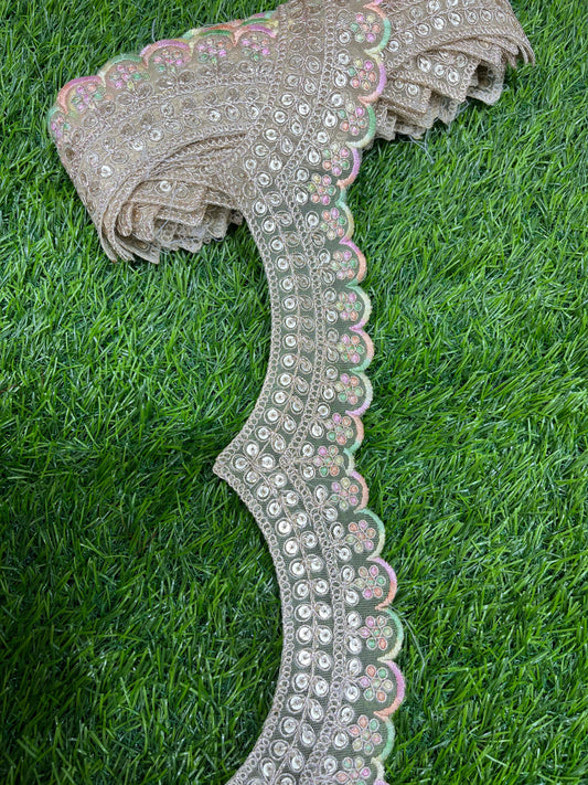 Embroidery Scallop Lace | Sequins Embellishment Trim | Craft Decorative Saree Lace – 9 Meters, 2-Inch Width | Light Multi
