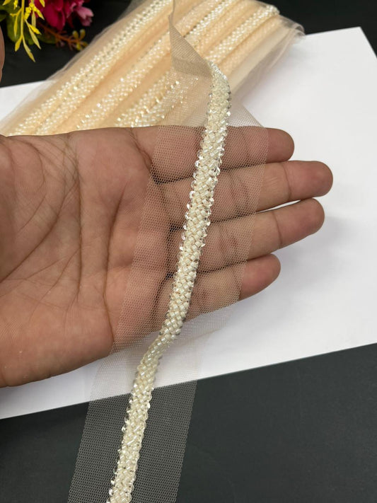 Imported Beaded Lace Trims – Premium Half-Inch Designer Lace for Sarees, Dupattas, Lehengas & Couture Wear (9 Meter) | Light Peach