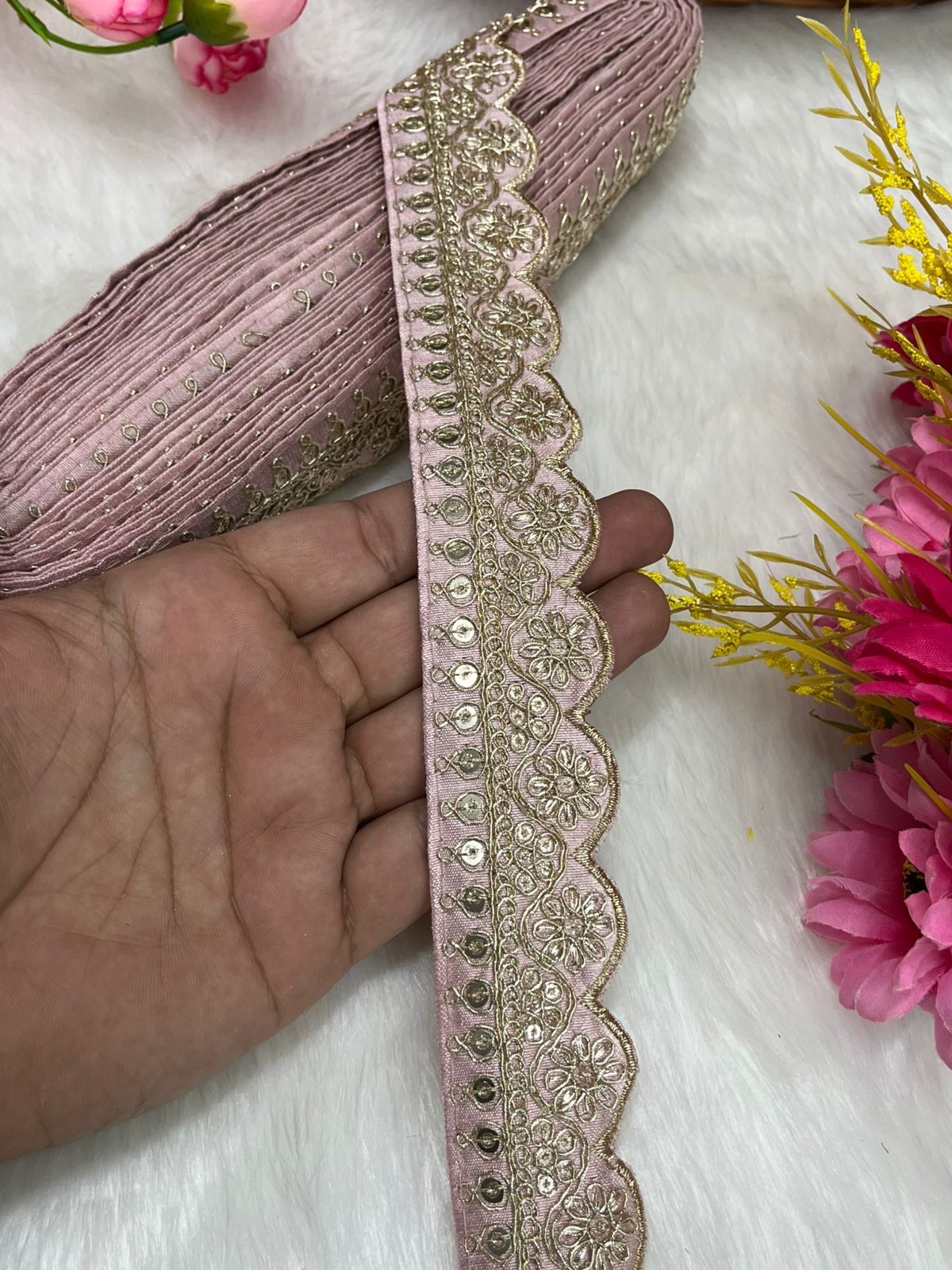 Embroidered Designer Lace – Indian Wedding Trims, Saree Border, 1.5 Inch Wide Lace Reel (9 Mtr) | Light Pink
