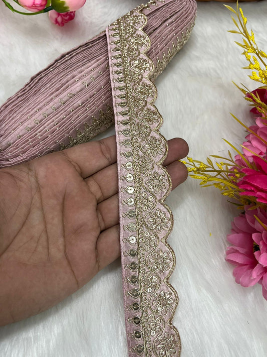 Embroidered Designer Lace – Indian Wedding Trims, Saree Border, 1.5 Inch Wide Lace Reel (9 Mtr) | Light Pink