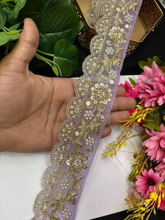 Gorgeous Embroidered Pearl & Cutdana Designer Lace – 9 Meters, 2.5-Inch Maggam Work Border for Sarees & Lehengas | Light Purple