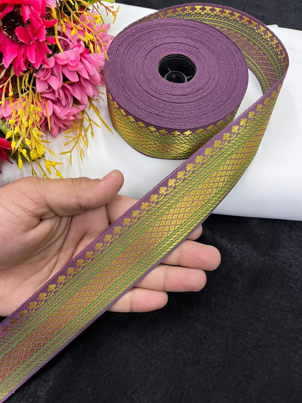Beautiful Banarasi Border Lace – 9 Meter, 1.5 Inch Width – Traditional Embellished Trim, Light Purple