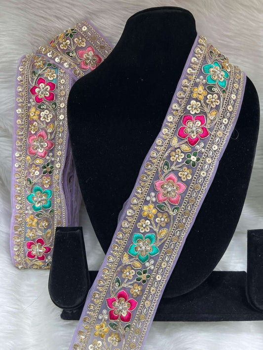 Embroidered Beaded Sequins Lace Borders on Net Fabric – 9 Meters, 2.5-Inch Maggam Work Trim for Sarees & Lehengas | Light Purple