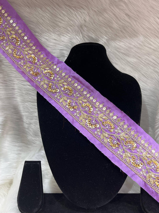Exclusive Beaded Embroidered Lace – 9 Meters, 2-Inch Maggam Work Border Trim for Sarees & Lehengas | Light Purple