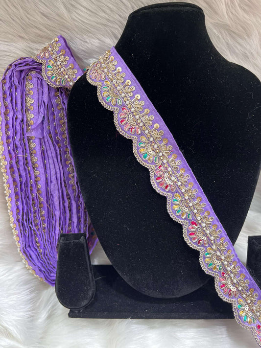 Scalloped Handwork Cutdana & Pearl Embroidered Saree Lace – 9 Meters, 1.5-Inch Maggam Work Border Trim | Light Purple