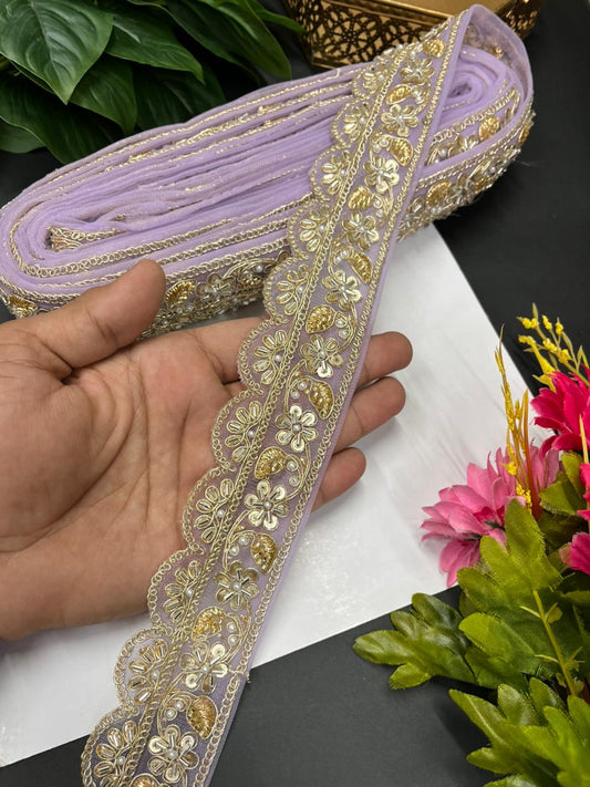 Exclusive Bridal Katdana Bead Work Laces – Designer Maggam Work Borders for Sarees, Lehengas & Dupattas (9 Meter, 2 Inch Width) | Light Purple