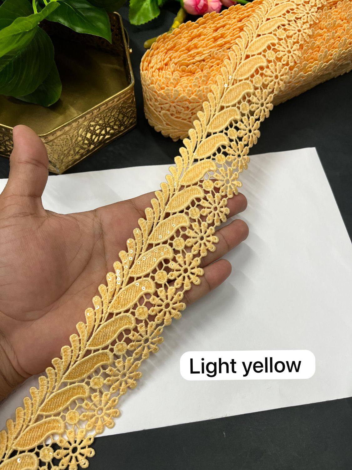 Imported Cotton Lace Border for Sarees & Dresses – 2 Inch Designer Western Lace (9 Meter Roll) | Light Yellow