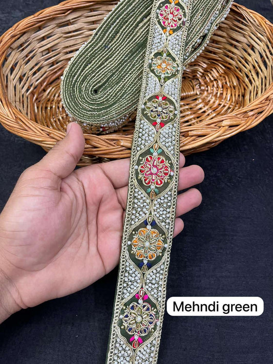 Multicoloured Bead Work Designer Lace on Net Fabric for Sarees & Lehengas (9 Meter) | Mahendi Green