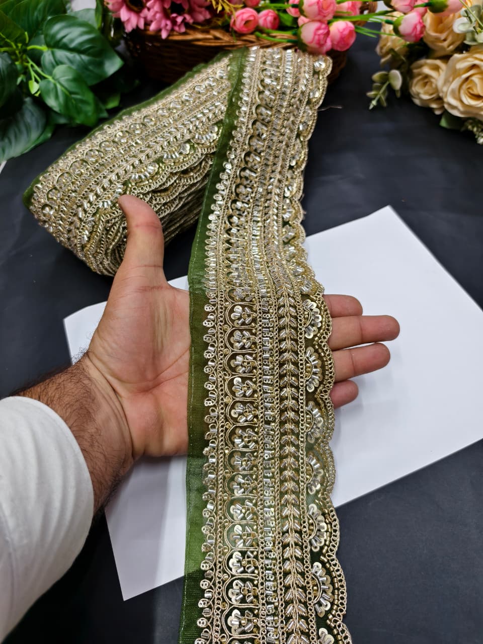 Exclusive Flower Embroidered Saree Lace Design – Premium Maggam Work Lace Border for Ethnic Wear | Mahendi Green