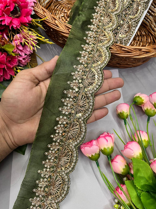 Scalloped Zardosi Work Saree Borders – Premium 2 Inch Handcrafted Maggam Work Lace for Bridal & Festive Wear (9 Meter) | Mahendi