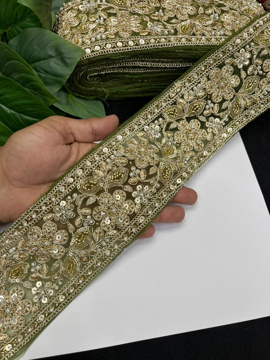Designer Maggam Work Saree Lace on Net Fabric – Handcrafted Embroidered Lace Border for Sarees, Blouses & Lehengas (3.5 Inch) | Mahendi