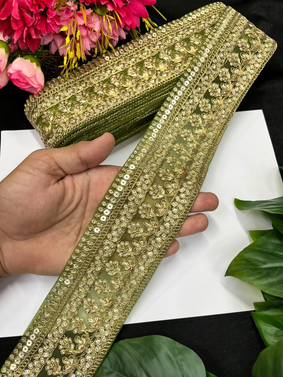 Golden Zari Embroidered Lace for Sarees, Lehengas & Dupattas – Premium Designer Embroidered Lace Border for Boutique Owners & Fashion Designers (3 Inch) | Mahendi