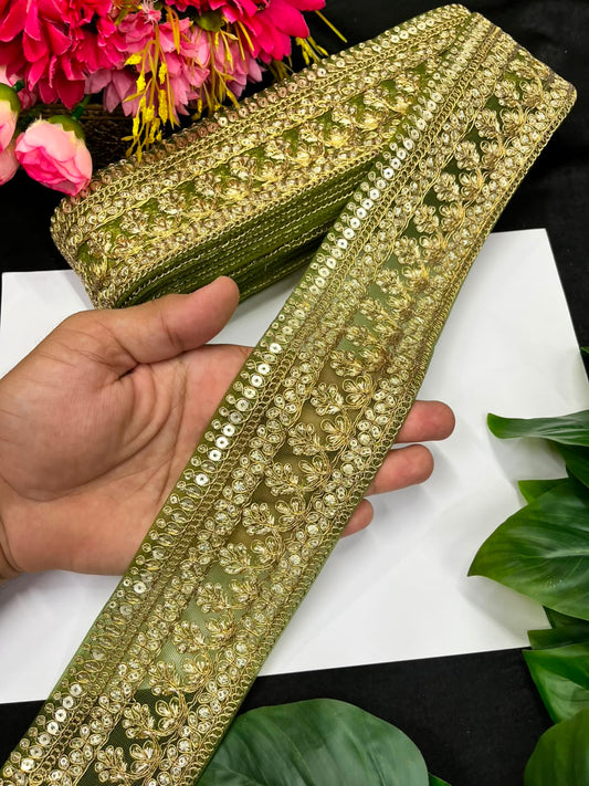 Golden Zari Embroidered Lace for Sarees, Lehengas & Dupattas – Premium Designer Embroidered Lace Border for Boutique Owners & Fashion Designers (3 Inch) | Mahendi