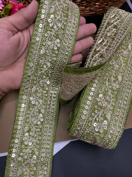 Embroidered Zari Lace Border for Saree, Lehenga & Craft Projects – Heavy 3 Inch Designer Embroidery Lace for Ethnic Wear (9 Meter) | Mahendi